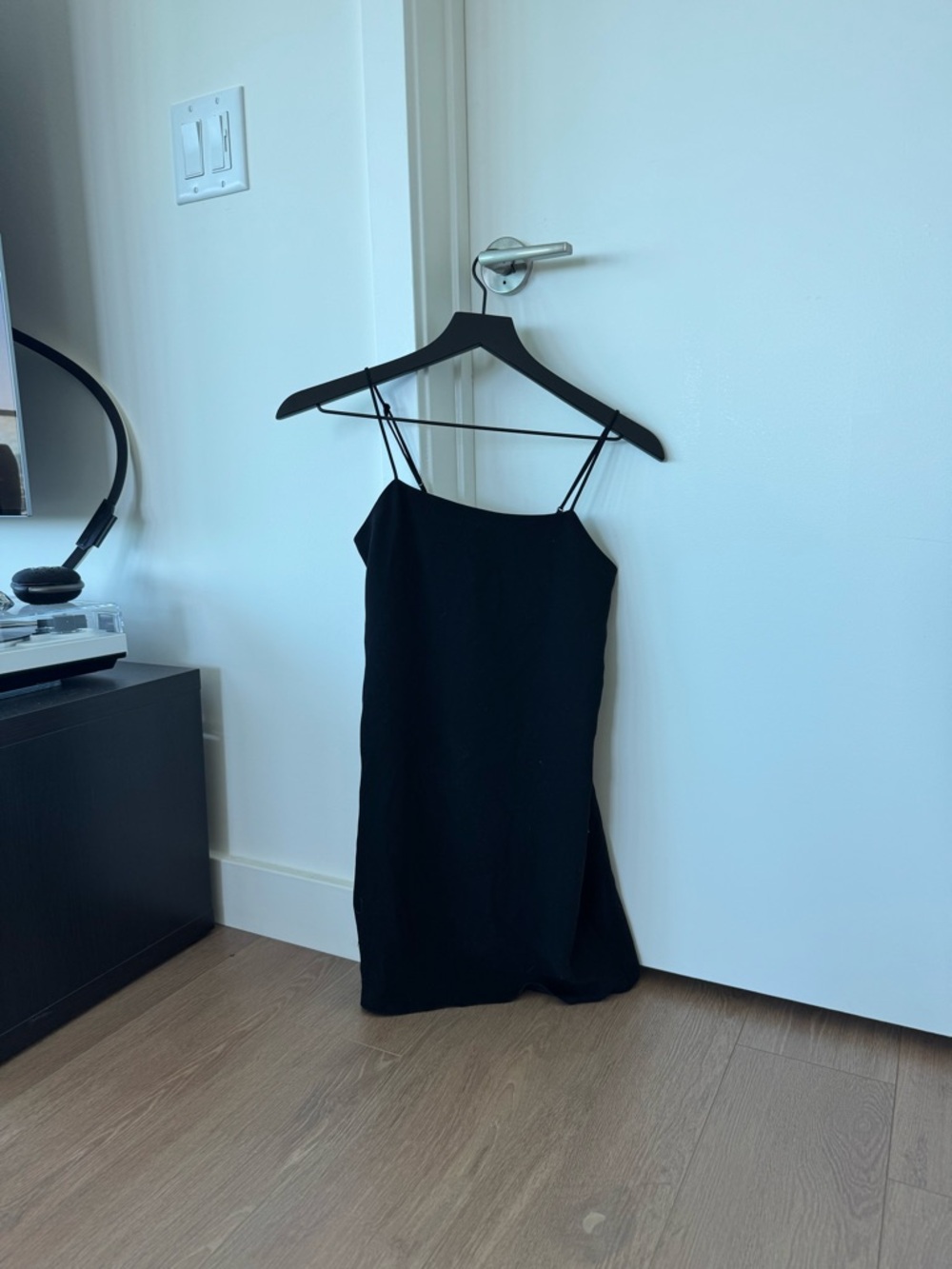 Babaton Black Mini Slip Dress with Spaghetti Straps